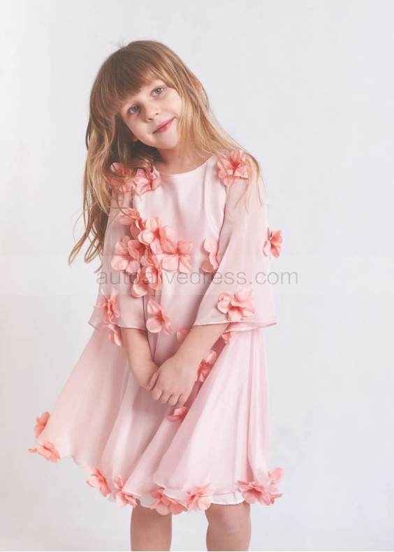 Pink Chiffon 3D Flowers Lightweight Flower Girl Dress